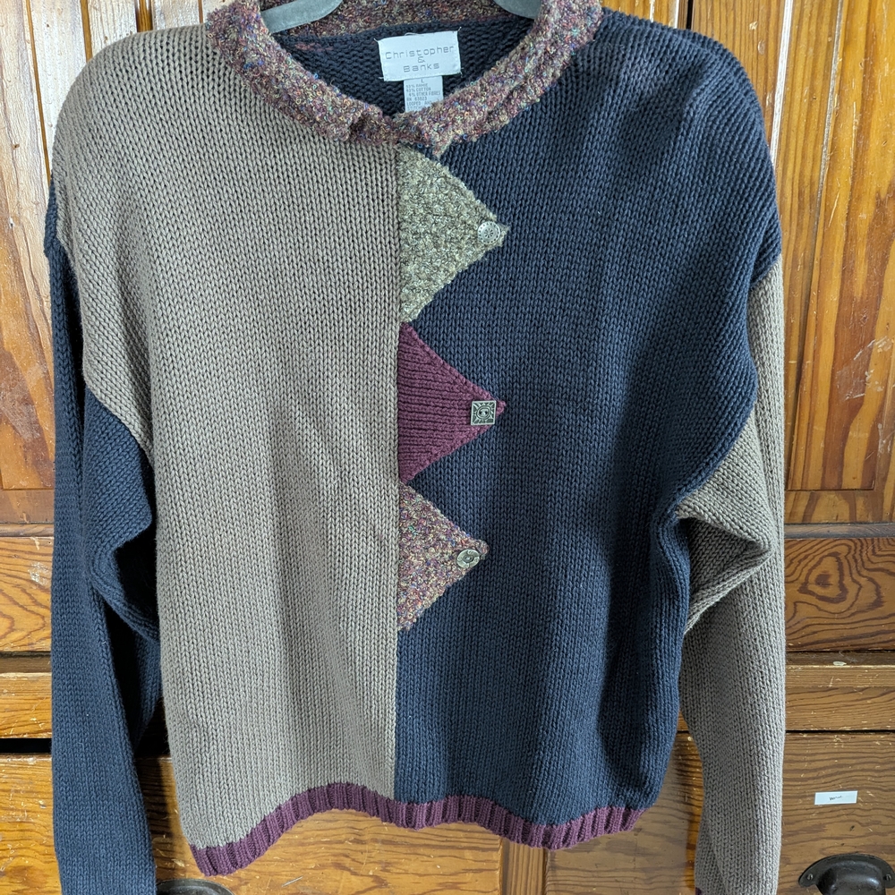 Christopher & Banks Patchwork Crewneck Sweater in Brown, Black and Burgundy
